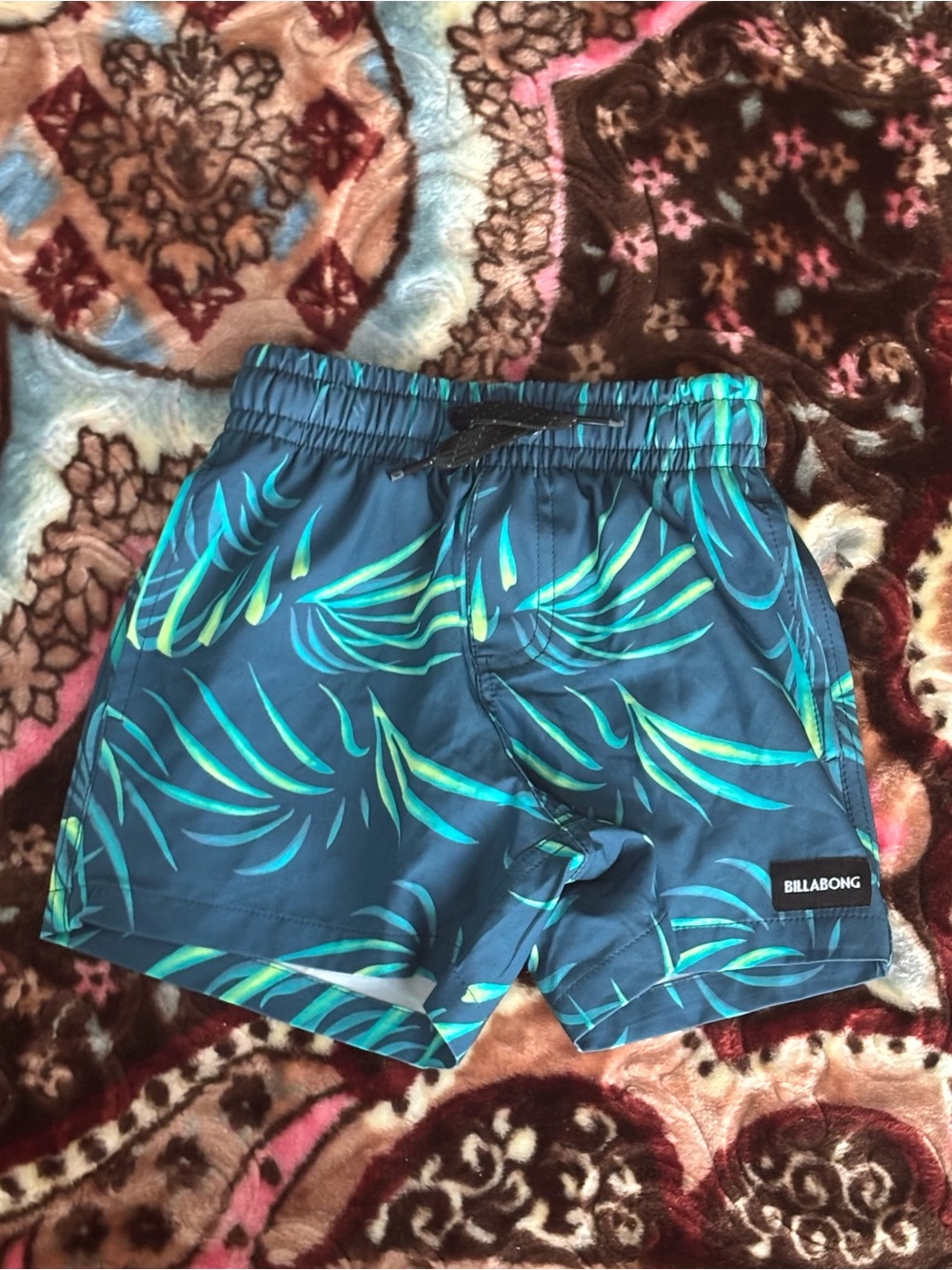 Billabong Blue and Teal Leaf Print Kids Swim Shorts